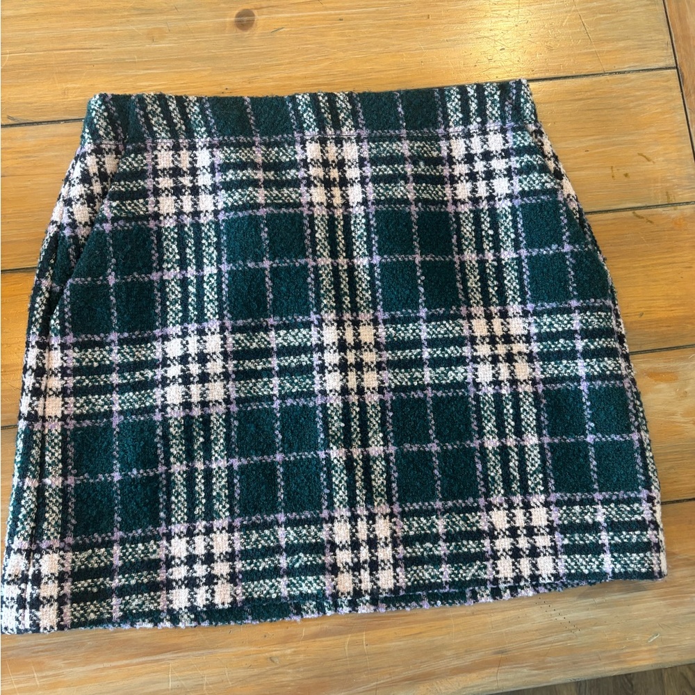 LOFT Green and White Plaid Mini Skirt